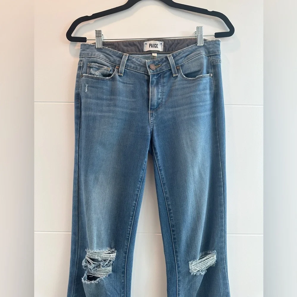 PAIGE Lou Lou Flare Jeans Low Rise Distressed Blue Denim | Size 27 - Picture 9 of 13